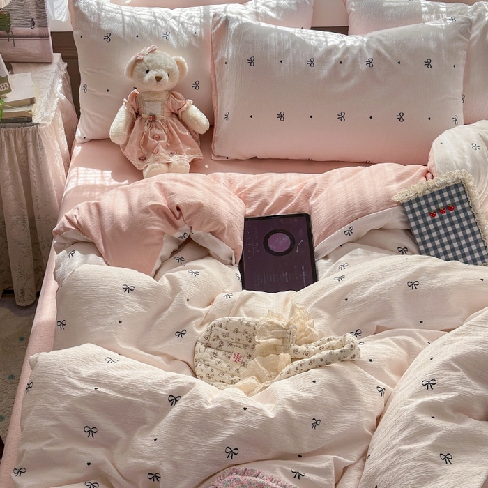 91家纺网 家纺一手货源 找家纺 丽美人家纺 2025新款【全尺寸不断货】高克重木棉提花双层纱四件套 QB粉色蝴蝶结