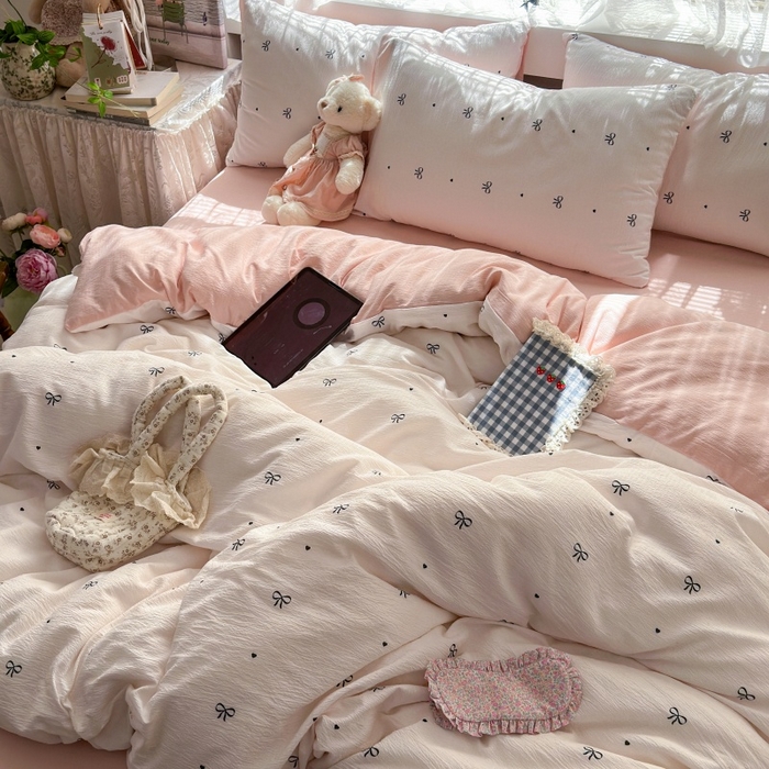 91家纺网 家纺一手货源 找家纺 丽美人家纺 2025新款【全尺寸不断货】高克重木棉提花双层纱四件套 QB粉色蝴蝶结