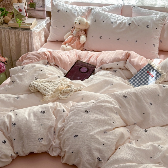 91家纺网 家纺一手货源 找家纺 丽美人家纺 2025新款【全尺寸不断货】高克重木棉提花双层纱四件套 QB粉色蝴蝶结