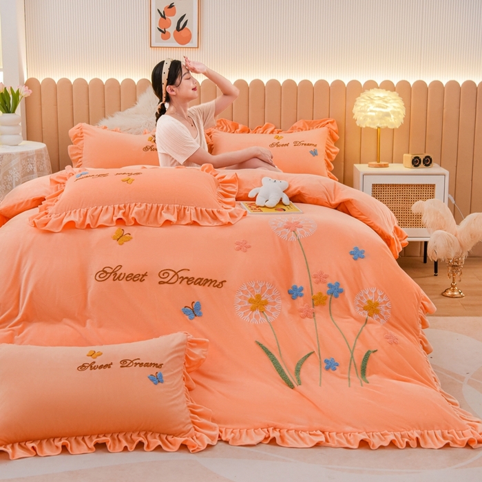 唐人居 2025新款宝宝绒毛巾绣花边四件套-蒲公英之恋 蒲公英之恋-橘