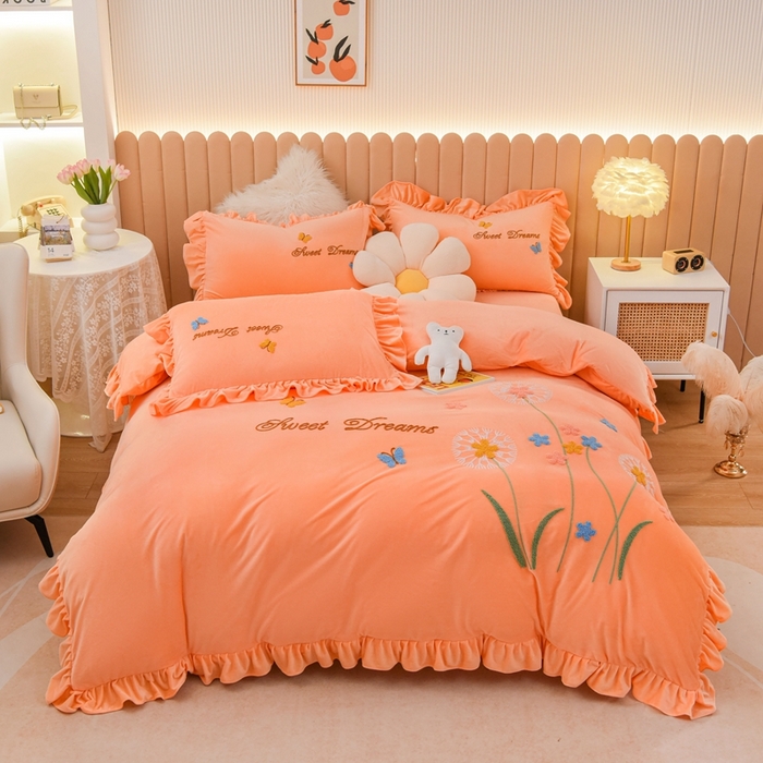 91家纺网 家纺一手货源 找家纺 唐人居 2025新款宝宝绒毛巾绣花边四件套-蒲公英之恋 蒲公英之恋-橘