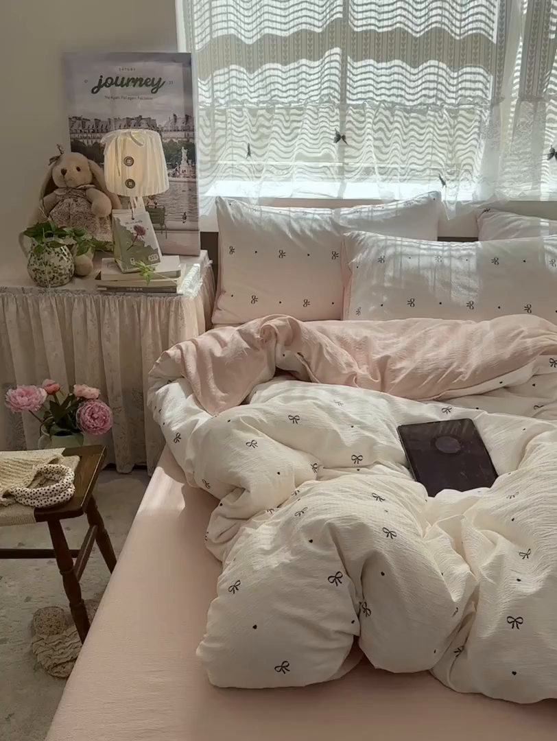 91家纺网 家纺一手货源 找家纺 丽美人家纺 2025新款【全尺寸不断货】高克重木棉提花双层纱四件套 QB粉色蝴蝶结