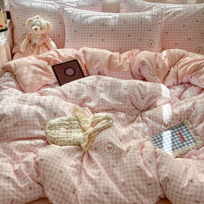 91家纺网 家纺一手货源 找家纺 丽美人家纺 2025新款【全尺寸不断货】高克重木棉提花双层纱四件套 QB格子蝴蝶结