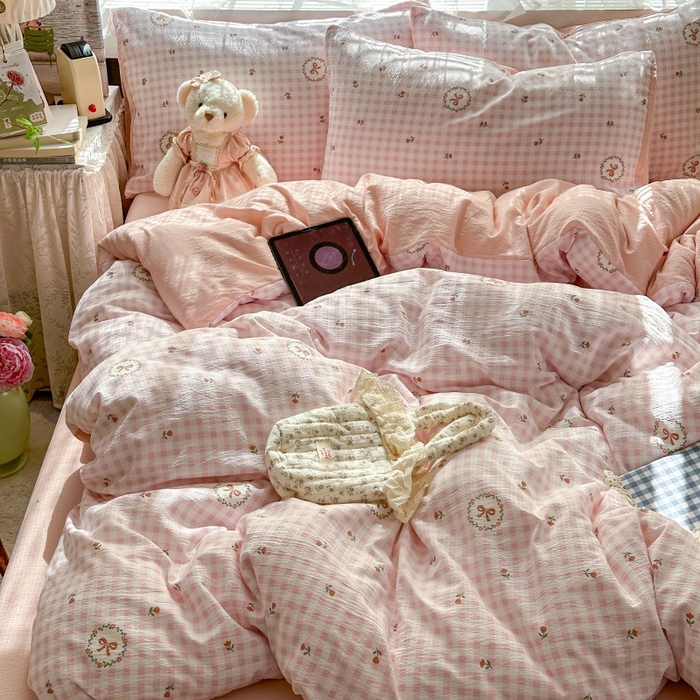 91家纺网 家纺一手货源 找家纺 丽美人家纺 2025新款【全尺寸不断货】高克重木棉提花双层纱四件套 QB格子蝴蝶结