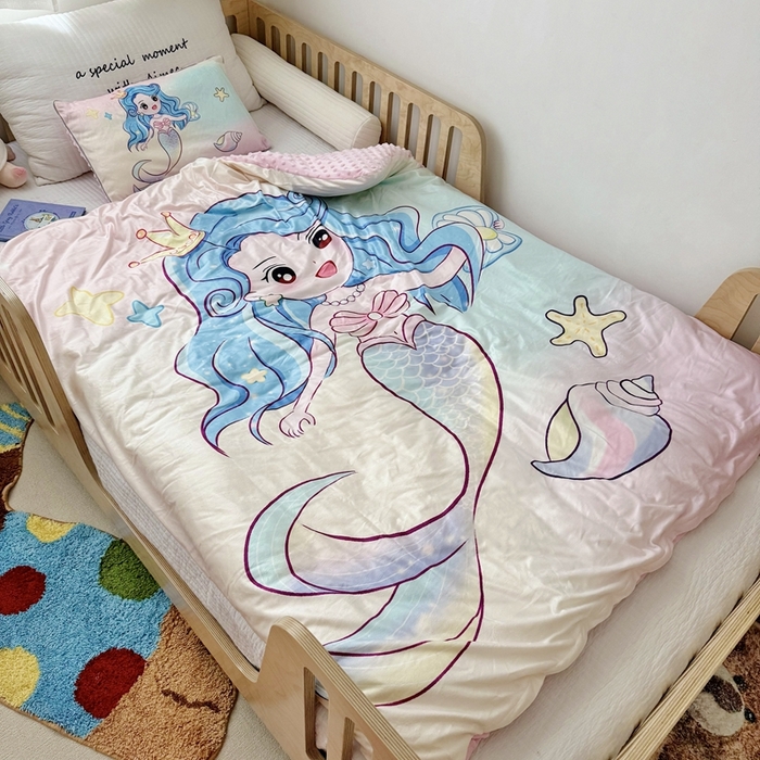 91家纺网 家纺一手货源 找家纺 萌宝家纺 2025新款可拆洗A类儿童豆豆绒大豆冬被儿童婴儿绒春秋被安抚被被子被芯 人鱼公主