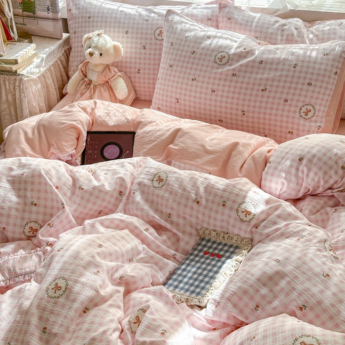 91家纺网 家纺一手货源 找家纺 丽美人家纺 2025新款【全尺寸不断货】高克重木棉提花双层纱四件套 QB格子蝴蝶结