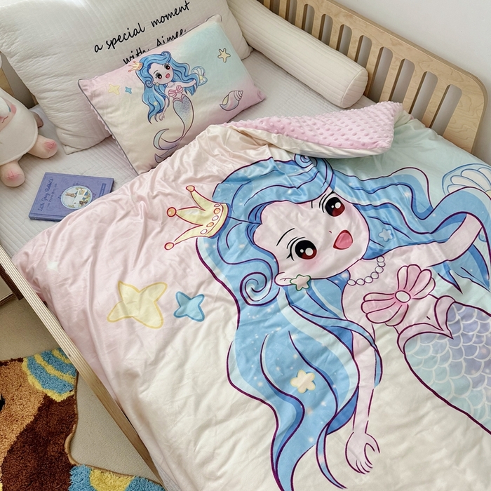 91家纺网 家纺一手货源 找家纺 萌宝家纺 2025新款可拆洗A类儿童豆豆绒大豆冬被儿童婴儿绒春秋被安抚被被子被芯 人鱼公主