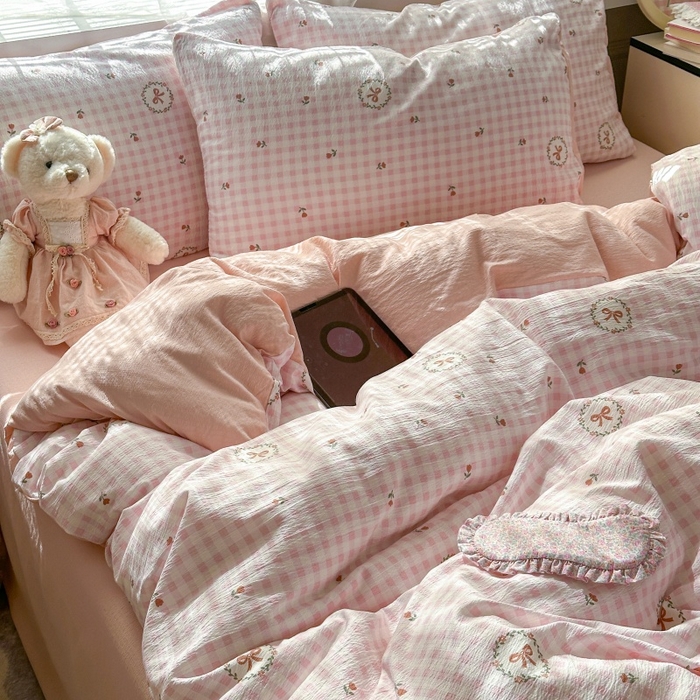 91家纺网 家纺一手货源 找家纺 丽美人家纺 2025新款【全尺寸不断货】高克重木棉提花双层纱四件套 QB格子蝴蝶结