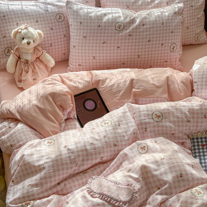 91家纺网 家纺一手货源 找家纺 丽美人家纺 2025新款【全尺寸不断货】高克重木棉提花双层纱四件套 QB格子蝴蝶结