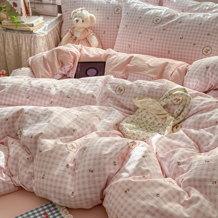 91家纺网 家纺一手货源 找家纺 丽美人家纺 2025新款【全尺寸不断货】高克重木棉提花双层纱四件套 QB格子蝴蝶结