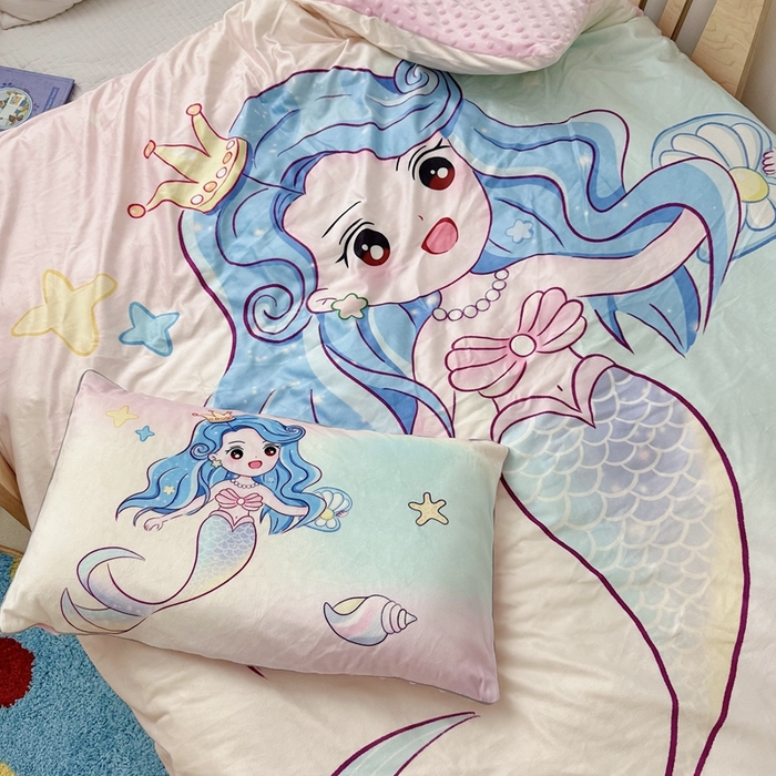 91家纺网 家纺一手货源 找家纺 萌宝家纺 2025新款可拆洗A类儿童豆豆绒大豆冬被儿童婴儿绒春秋被安抚被被子被芯 人鱼公主