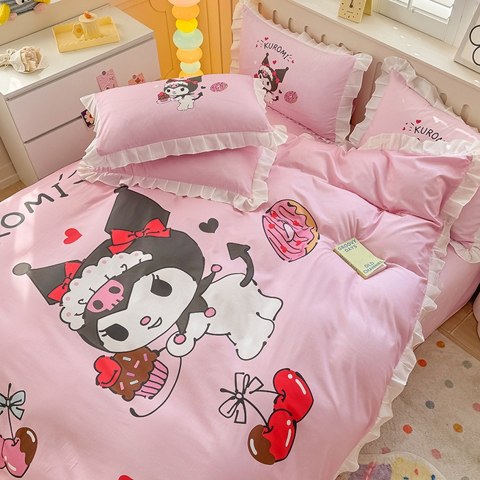 91家纺网 家纺一手货源 找家纺 2025新款大版三丽鸥系列 纯棉床单全棉床裙学生三四件套 花边款 花边款-美味库洛米