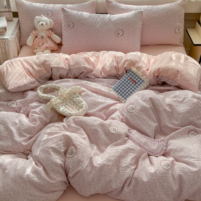 91家纺网 家纺一手货源 找家纺 丽美人家纺 2025新款【全尺寸不断货】高克重木棉提花双层纱四件套 QB赫本-粉