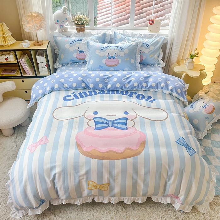 91家纺网 家纺一手货源 找家纺 （总）2025新款大版三丽鸥系列 纯棉床单全棉床裙学生三四件套 花边款