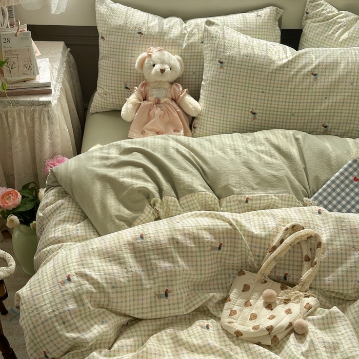 91家纺网 家纺一手货源 找家纺 丽美人家纺 2025新款【全尺寸不断货】高克重木棉提花双层纱四件套 QB腊肠犬