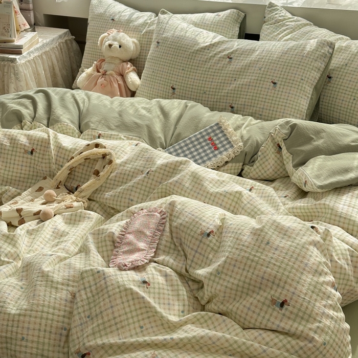 91家纺网 家纺一手货源 找家纺 丽美人家纺 2025新款【全尺寸不断货】高克重木棉提花双层纱四件套 QB腊肠犬