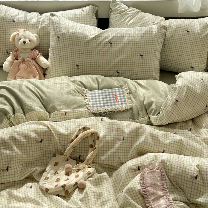 91家纺网 家纺一手货源 找家纺 丽美人家纺 2025新款【全尺寸不断货】高克重木棉提花双层纱四件套 QB腊肠犬