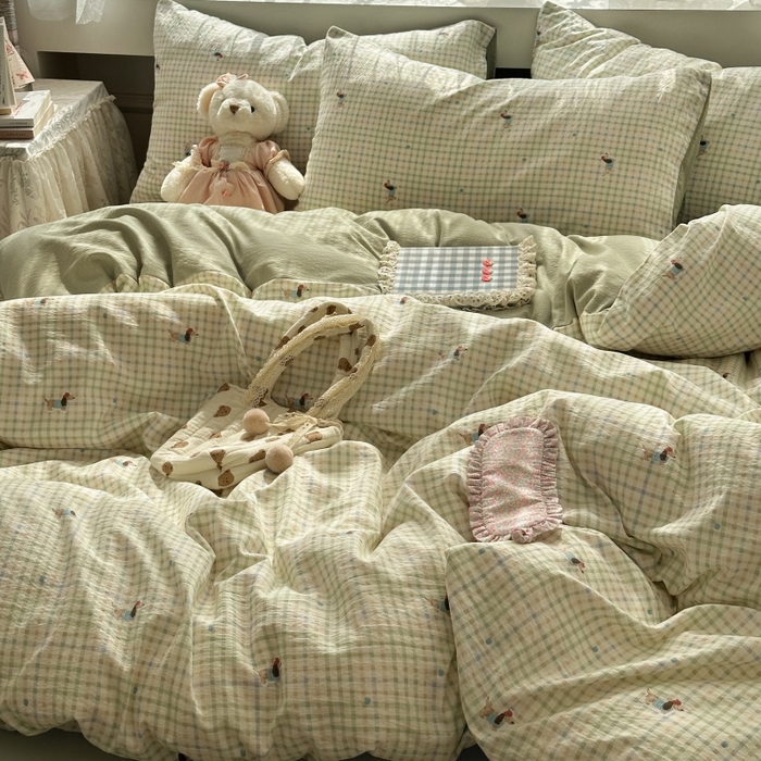 91家纺网 家纺一手货源 找家纺 丽美人家纺 2025新款【全尺寸不断货】高克重木棉提花双层纱四件套 QB腊肠犬