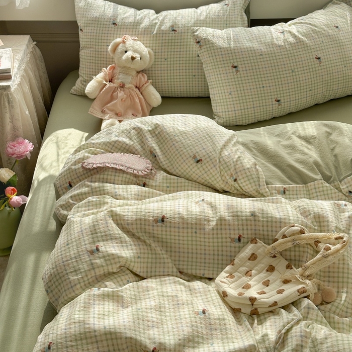 91家纺网 家纺一手货源 找家纺 丽美人家纺 2025新款【全尺寸不断货】高克重木棉提花双层纱四件套 QB腊肠犬