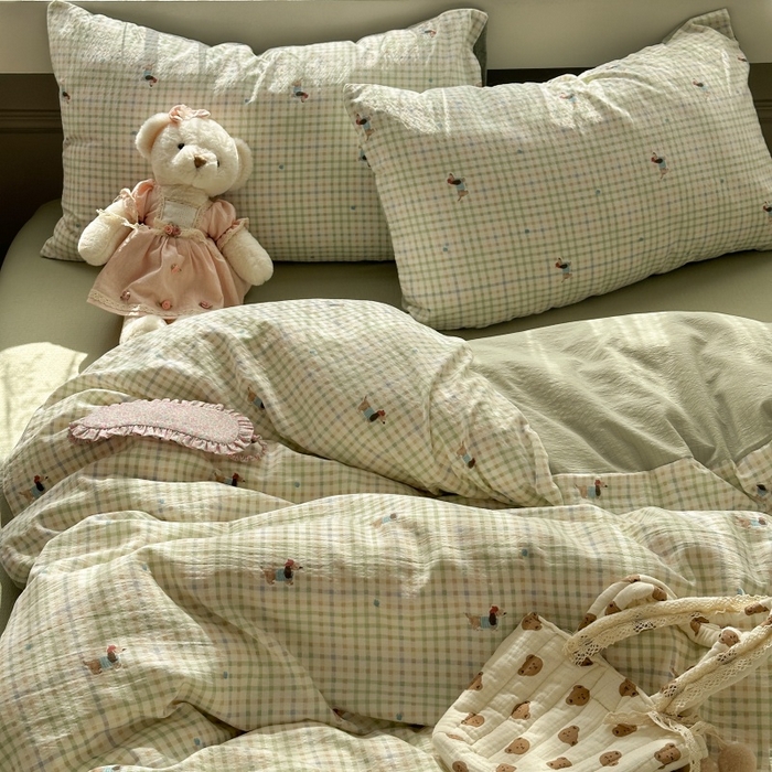 91家纺网 家纺一手货源 找家纺 丽美人家纺 2025新款【全尺寸不断货】高克重木棉提花双层纱四件套 QB腊肠犬