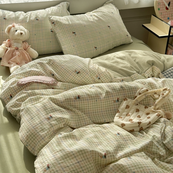 91家纺网 家纺一手货源 找家纺 丽美人家纺 2025新款【全尺寸不断货】高克重木棉提花双层纱四件套 QB腊肠犬