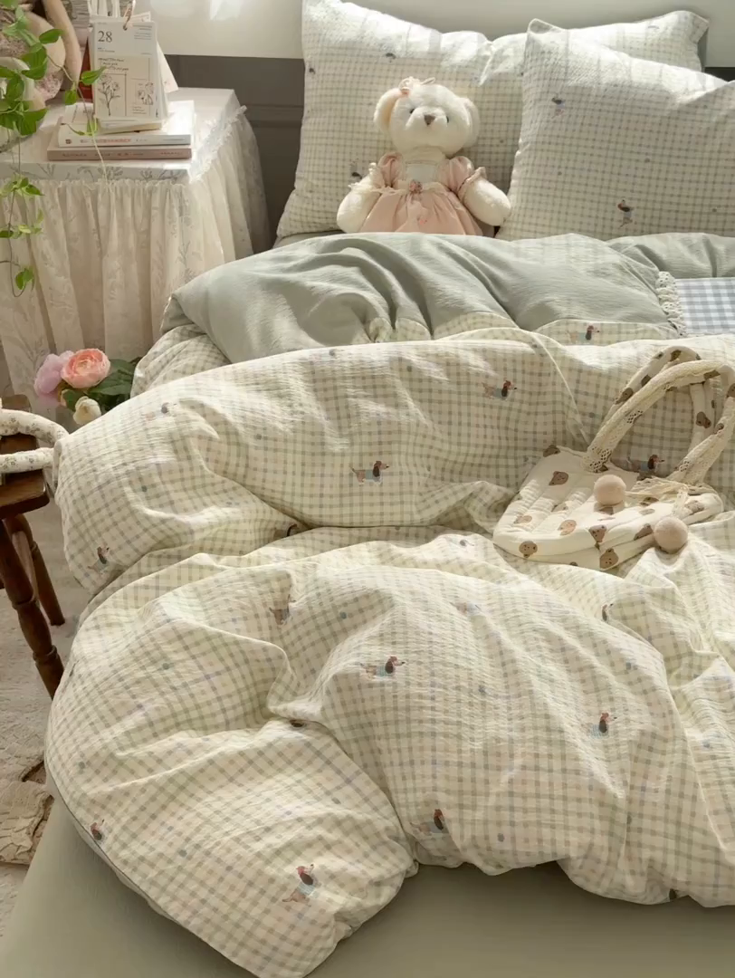 91家纺网 家纺一手货源 找家纺 丽美人家纺 2025新款【全尺寸不断货】高克重木棉提花双层纱四件套 QB腊肠犬