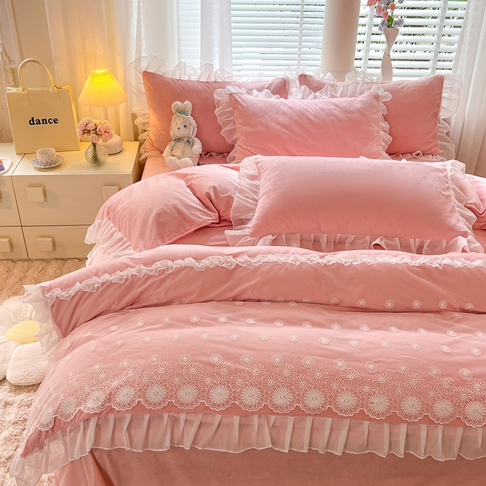 91家纺网 家纺一手货源 找家纺 （总）唐人居 2025新款法式蕾丝花边宝宝绒四件套--安妮系列