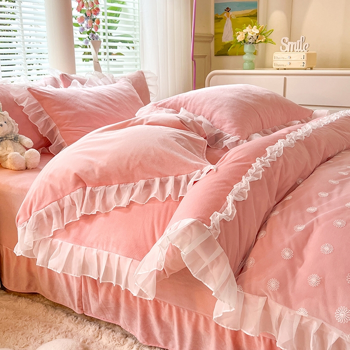 91家纺网 家纺一手货源 找家纺 （总）唐人居 2025新款法式蕾丝花边宝宝绒四件套--安妮系列