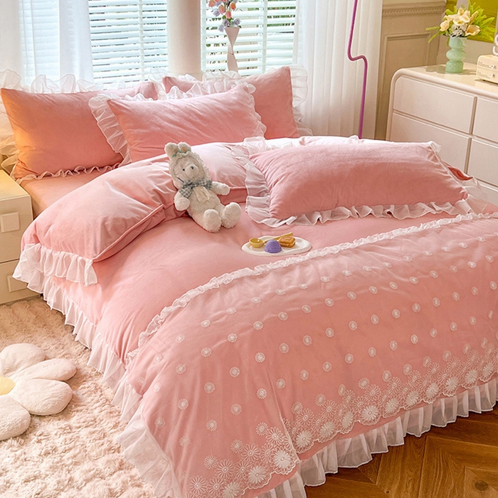 91家纺网 家纺一手货源 找家纺 （总）唐人居 2025新款法式蕾丝花边宝宝绒四件套--安妮系列