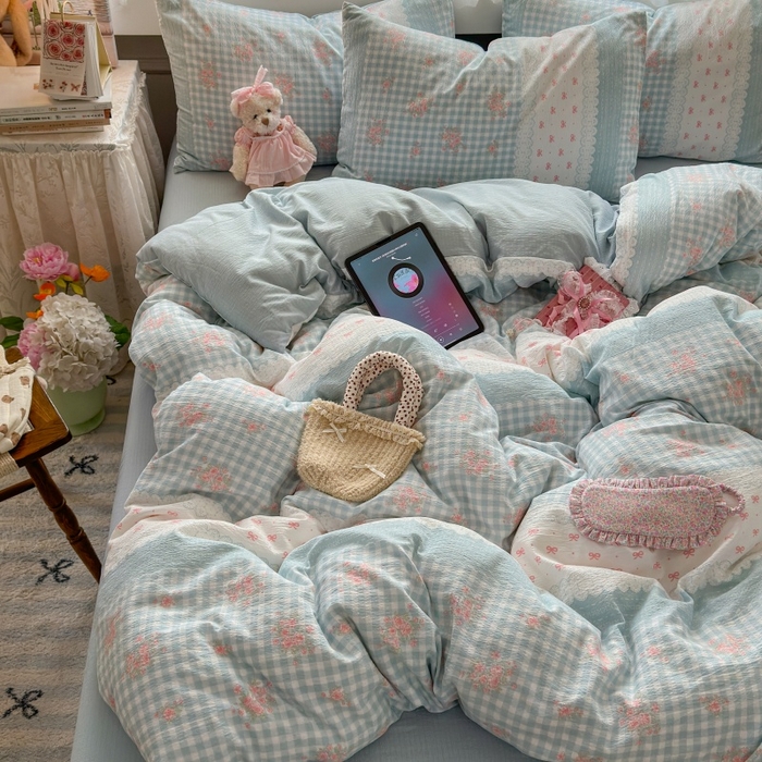 91家纺网 家纺一手货源 找家纺 丽美人家纺 2025新款【全尺寸不断货】高克重木棉提花双层纱四件套 QB蓝梦