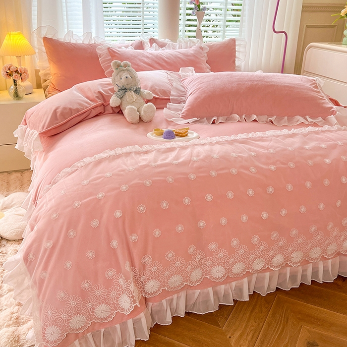 91家纺网 家纺一手货源 找家纺 （总）唐人居 2025新款法式蕾丝花边宝宝绒四件套--安妮系列