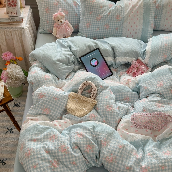 91家纺网 家纺一手货源 找家纺 丽美人家纺 2025新款【全尺寸不断货】高克重木棉提花双层纱四件套 QB蓝梦