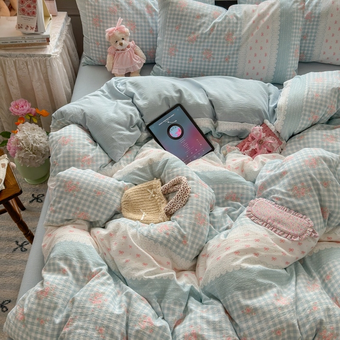 91家纺网 家纺一手货源 找家纺 丽美人家纺 2025新款【全尺寸不断货】高克重木棉提花双层纱四件套 QB蓝梦