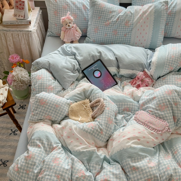 91家纺网 家纺一手货源 找家纺 丽美人家纺 2025新款【全尺寸不断货】高克重木棉提花双层纱四件套 QB蓝梦