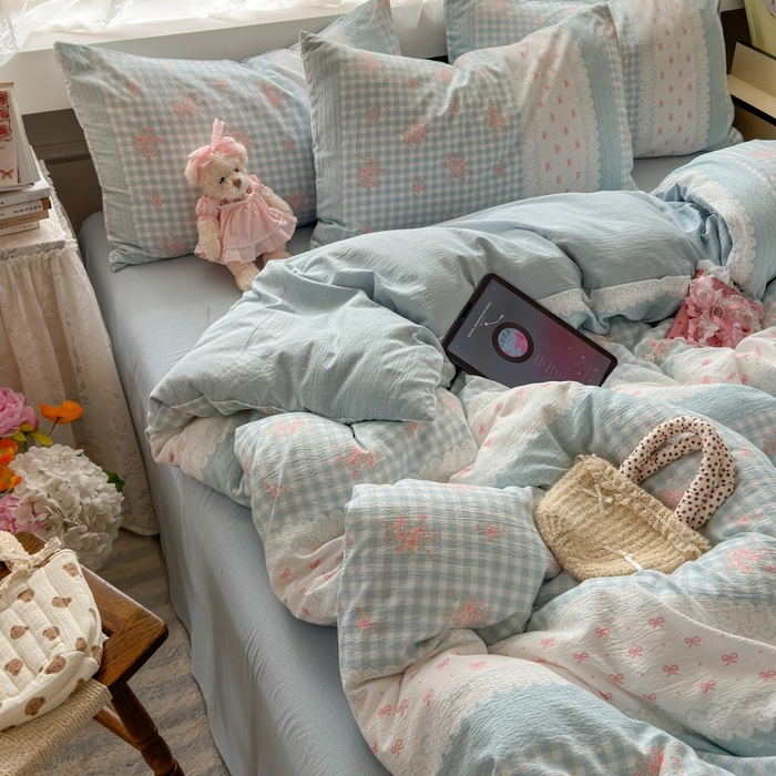 91家纺网 家纺一手货源 找家纺 丽美人家纺 2025新款【全尺寸不断货】高克重木棉提花双层纱四件套 QB蓝梦