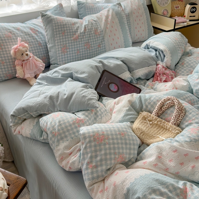 91家纺网 家纺一手货源 找家纺 丽美人家纺 2025新款【全尺寸不断货】高克重木棉提花双层纱四件套 QB蓝梦