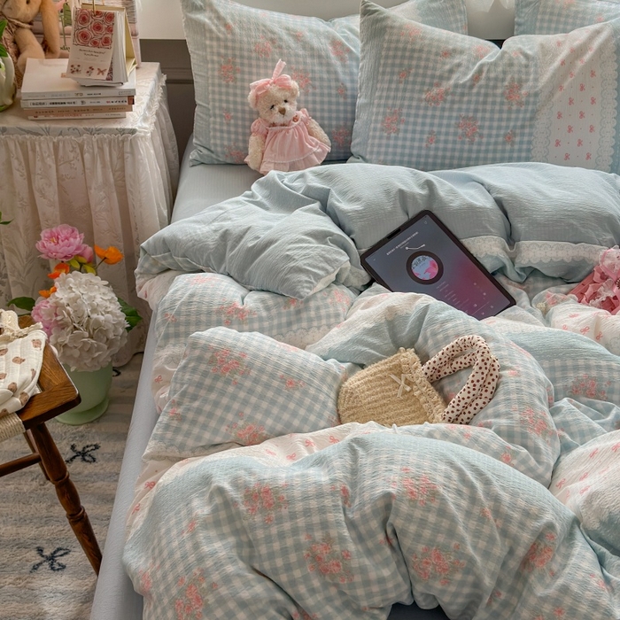 91家纺网 家纺一手货源 找家纺 丽美人家纺 2025新款【全尺寸不断货】高克重木棉提花双层纱四件套 QB蓝梦