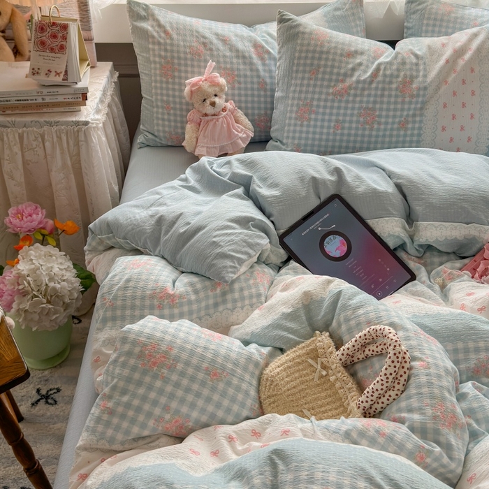 91家纺网 家纺一手货源 找家纺 丽美人家纺 2025新款【全尺寸不断货】高克重木棉提花双层纱四件套 QB蓝梦