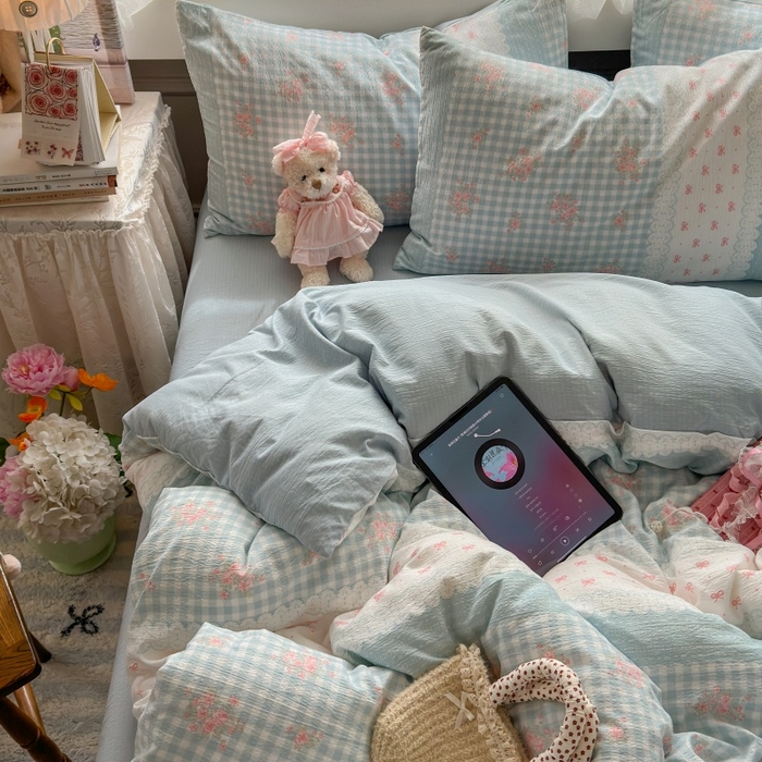 91家纺网 家纺一手货源 找家纺 丽美人家纺 2025新款【全尺寸不断货】高克重木棉提花双层纱四件套 QB蓝梦