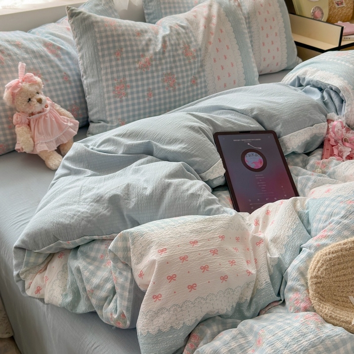 91家纺网 家纺一手货源 找家纺 丽美人家纺 2025新款【全尺寸不断货】高克重木棉提花双层纱四件套 QB蓝梦