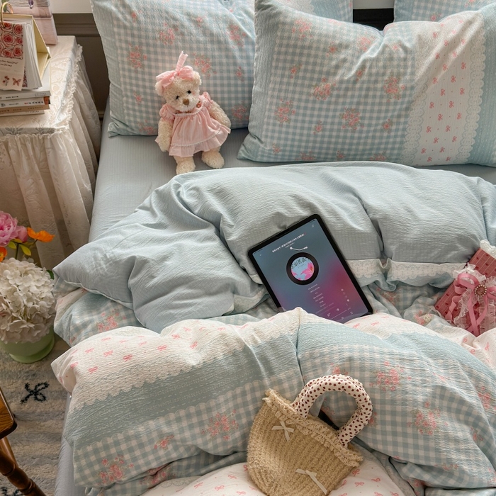 91家纺网 家纺一手货源 找家纺 丽美人家纺 2025新款【全尺寸不断货】高克重木棉提花双层纱四件套 QB蓝梦