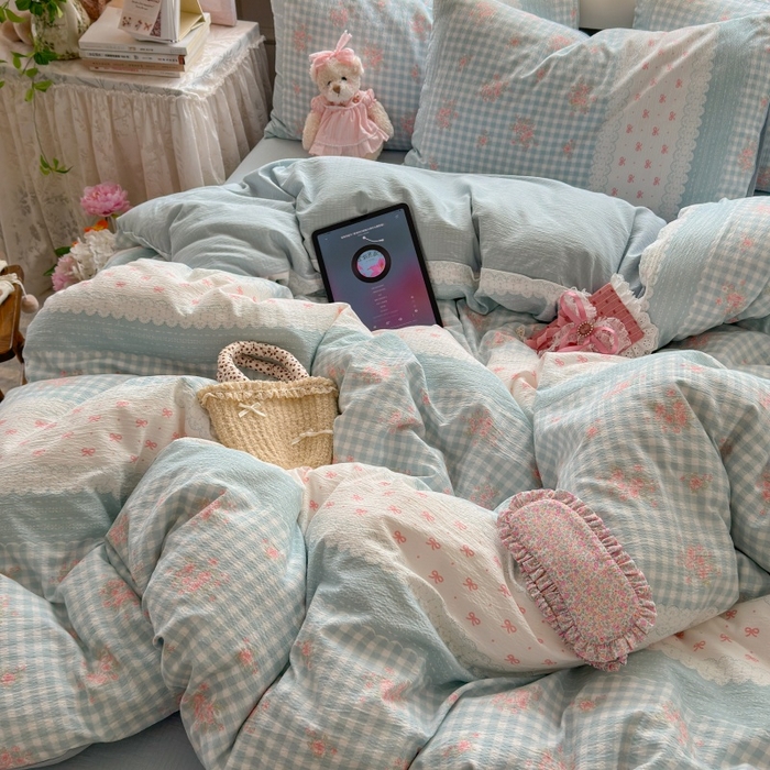 91家纺网 家纺一手货源 找家纺 丽美人家纺 2025新款【全尺寸不断货】高克重木棉提花双层纱四件套 QB蓝梦