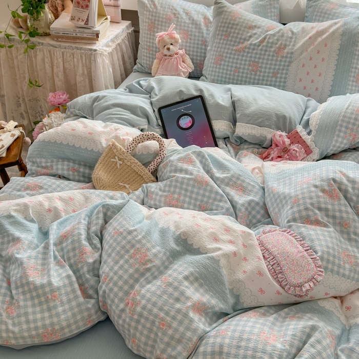 91家纺网 家纺一手货源 找家纺 丽美人家纺 2025新款【全尺寸不断货】高克重木棉提花双层纱四件套 QB蓝梦