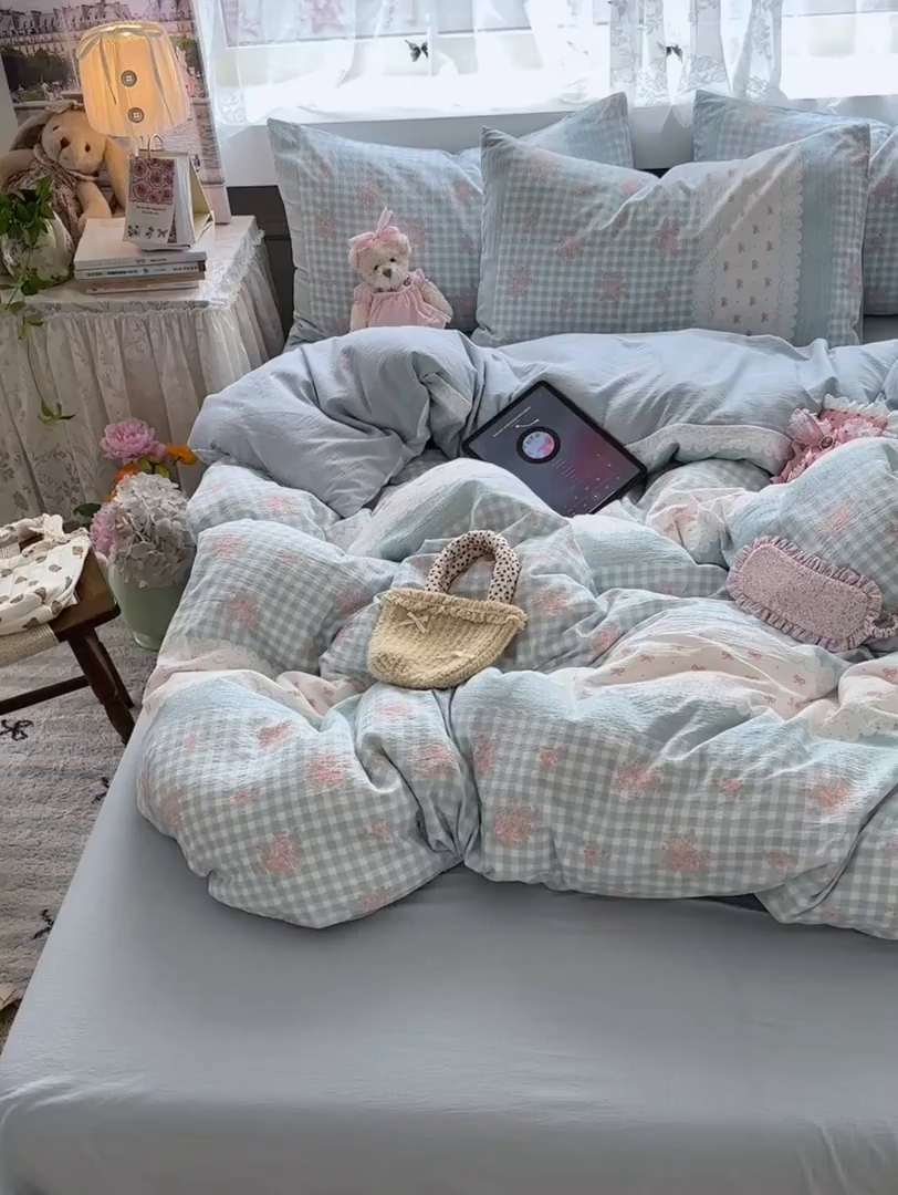 91家纺网 家纺一手货源 找家纺 丽美人家纺 2025新款【全尺寸不断货】高克重木棉提花双层纱四件套 QB蓝梦