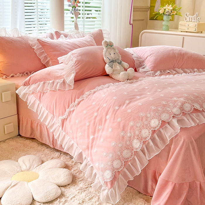 91家纺网 家纺一手货源 找家纺 唐人居 2025新款法式蕾丝花边宝宝绒四件套--安妮系列 安妮-玉