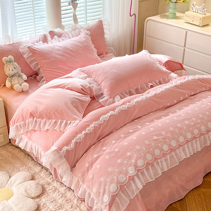 91家纺网 家纺一手货源 找家纺 唐人居 2025新款法式蕾丝花边宝宝绒四件套--安妮系列 安妮-玉