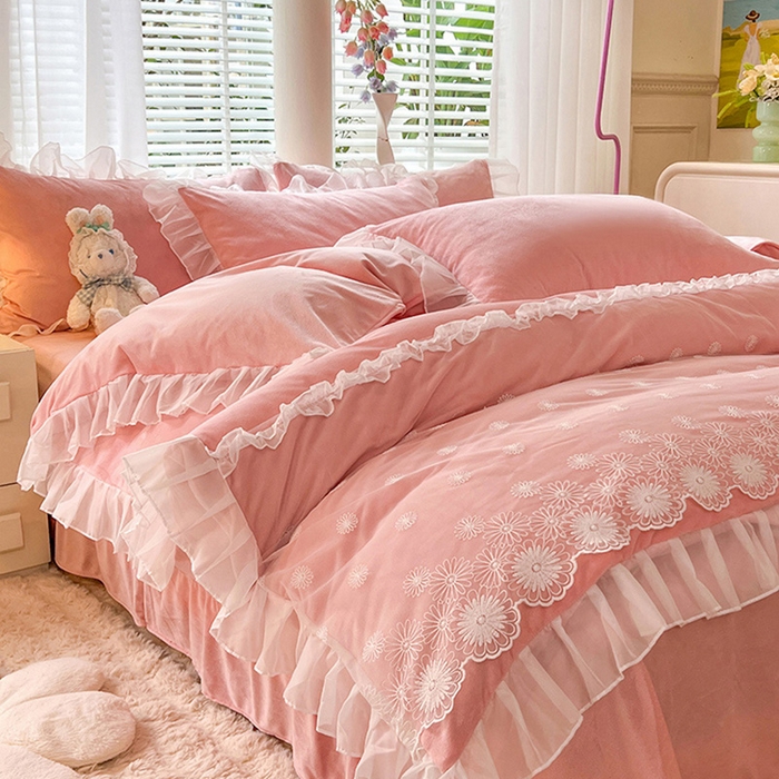 91家纺网 家纺一手货源 找家纺 唐人居 2025新款法式蕾丝花边宝宝绒四件套--安妮系列 安妮-玉