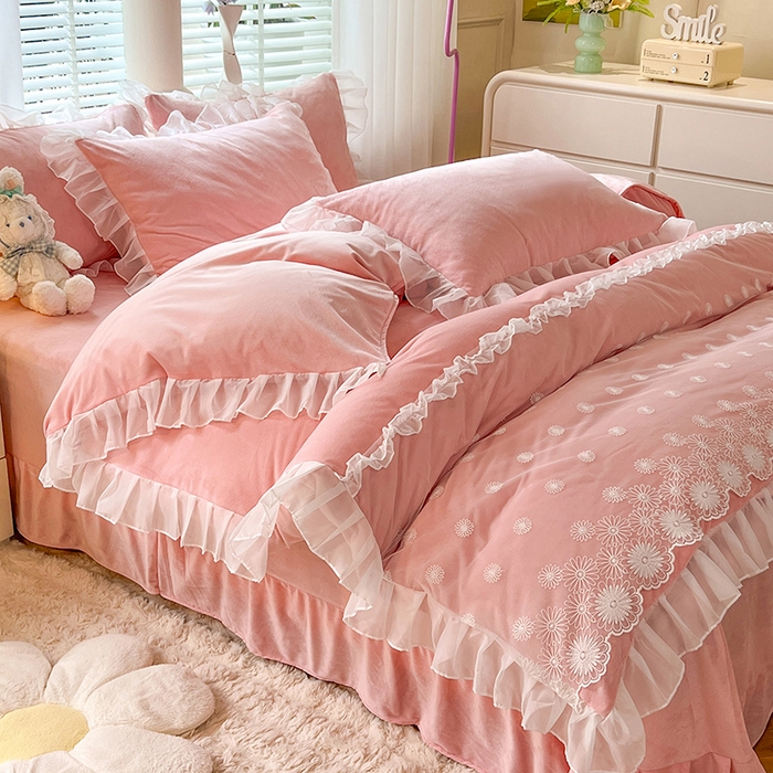 91家纺网 家纺一手货源 找家纺 唐人居 2025新款法式蕾丝花边宝宝绒四件套--安妮系列 安妮-玉