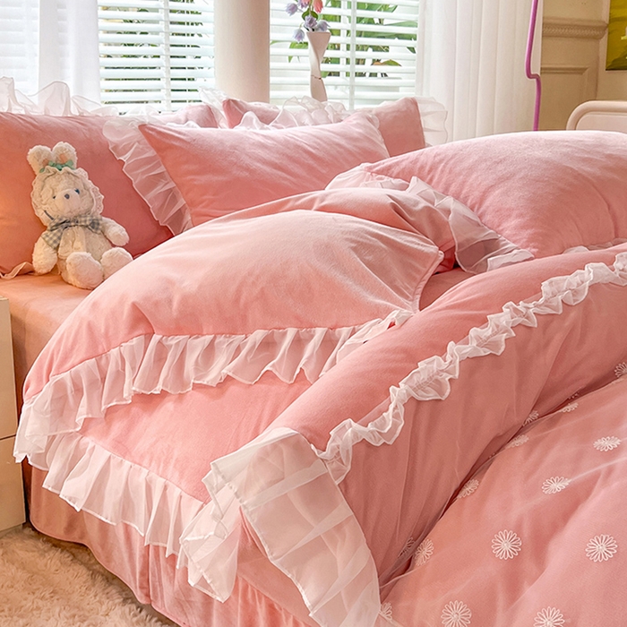 91家纺网 家纺一手货源 找家纺 唐人居 2025新款法式蕾丝花边宝宝绒四件套--安妮系列 安妮-玉