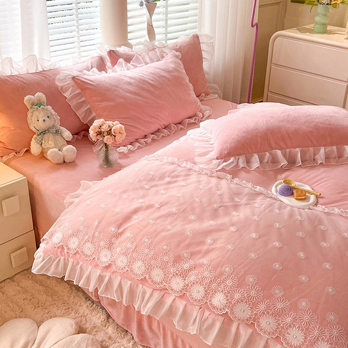 91家纺网 家纺一手货源 找家纺 唐人居 2025新款法式蕾丝花边宝宝绒四件套--安妮系列 安妮-玉